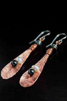 Mixed Metal Dangle Earrings, Teardrop Hammered Copper and Argentium Silver Artisan Jewelry,Fresh Water Pearl, Hamatite & Silver Plated Beads by PlateadaLuna on Etsy Hammered Copper Jewelry, Handmade Copper Bracelet, Cold Connections, Wood Inspiration, Jewelry Flowers, Silver Smithing, Desert Chic, Wrapping Jewelry, Plant Jewelry