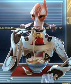 a robot eating soup with chopsticks in his hand