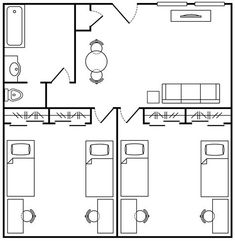 the floor plan for an apartment with two beds and one living room, which is outlined in