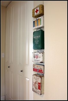 the wall is made up of several different types of medical boxes on it's sides