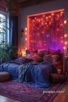 a bedroom with purple and red lights on the headboard, bedding and rugs