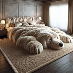 a large white dog laying on top of a bed in a bedroom next to a window