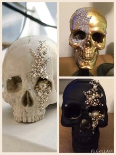 three different types of skulls with jewels on them