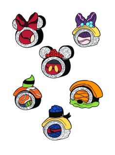 mickey mouse and other cartoon characters with sushi rolls in the shape of their heads