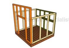 the plans for an outdoor storage shed with wood flooring and shelves on each side