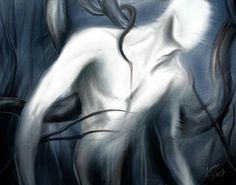 an artistic painting of a white horse with long manes and tail blowing in the wind