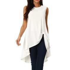 Perfect for both day and evening occasions, these blouses add a touch of elegance and style to any wardrobe. Made with soft fabric, this top ensures all-day comfort without compromising on style. Suitable for casual, holiday, beach, vacation, party, club, photo, dating, home, etc. A sleeveless high-low top for summer matches with any pants, high-waist jeans, leggings, and shoes like sandals, or heels. Casual Sleeveless Solid Color Blouse, Spring Solid Color Sleeveless Blouse, Solid Color Sleeveless Top, Chic Sleeveless Tank Top, Sleeveless Solid Color Tops For Spring, Spring Sleeveless Solid Color Tops, Chic Sleeveless Solid Color Top, Chic Sleeveless Non-stretch Blouse, Chic Non-stretch Sleeveless Blouse