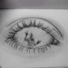 a pencil drawing of an eye with long eyelashes and hands on the outside of it