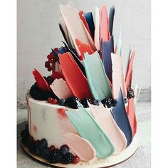 a cake decorated with feathers, berries and blueberries sits on a countertop in front of a white wall