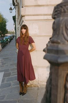 FLOWY MIDI DRESS - Burgundy | ZARA United States Zara Fall, Burgundy Midi Dress, Flowy Midi Dress, Simple Fall Outfits, Waistcoat Dress, Jean Vest, Satin Midi Skirt, Zara Dress, Cardigan Sweater Dress