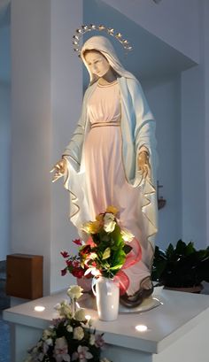 a statue of the virgin mary is on display in a room with flowers and potted plants