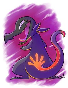 a drawing of a purple and orange dragon with its mouth open, sitting on the ground