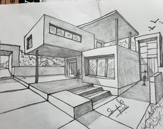 a drawing of a house with stairs leading up to it