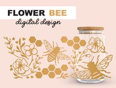 a glass jar filled with flowers and bees on top of a pink background that says flower bee digital design