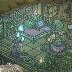 an image of a room with plants and other things in it, including a bed