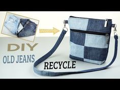 an old jean purse is shown with the instructions to make it into a cross body bag