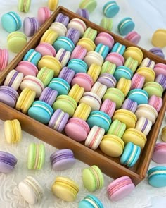 macaroons are arranged in a box on the table