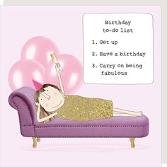 a woman laying on top of a purple couch next to pink balloons and a speech bubble