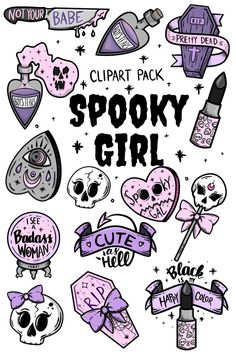 some stickers that say spooky girl with skulls and other things around them