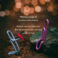 two colorful links sitting next to each other on top of a rock with the words waiting is a sign of true love and patience