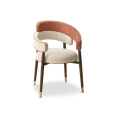 an upholstered chair with a curved back and arms