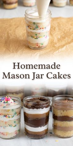 adding cake and frosting to a mason jar for homemade mason jar cakes. Cake In A Jar Recipe, Dessert Cups Recipes, Cupcake In A Jar