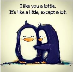 two penguins hugging each other with the caption i like you a lot it's like a little, except at least