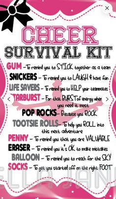 a pink and white poster with the words cheer survival kit