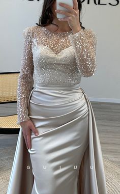 G3528 - Sexy & Hot Sheath Illusion Bateau Sweetheart Long Sleeves Sequ – GUIUU Formal Dress For Wedding, Dress With Overlay, Classic Prom Dress, Simple Prom Dress Long, Illusion Wedding Dress, Prom Dresses Simple, Off Shoulder Wedding Dress, Satin Homecoming Dress, Beach Wedding Dress Boho