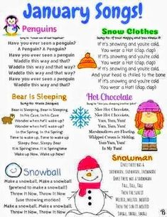 a poster with words and pictures on it that include snowmen, penguins, and penguinies