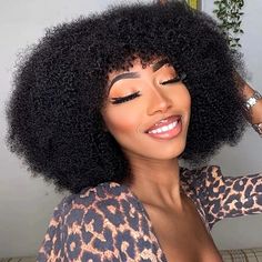 250% Afro Kinky Human Hair Wig With Bangs Machine Made Afro Kinky Curly Wigs For Women Brazilian Glueless Wigs 12“-16“ HairUGo Ali Grace, Girl Hair Colors, Curly Waves, Wig With Bangs, Wigs For Women