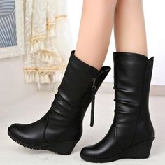 Boots Zipper, Short Leather Boots, Wedge Heel Boots, Slouchy Boots, Winter Shoes For Women, Warm Shoes, Warm Boots, Zipper Boots, Womens Mid Calf Boots