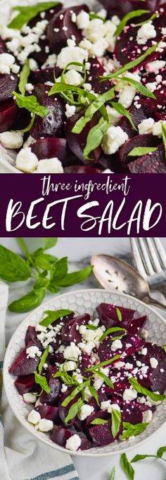 beet salad with feta cheese and spinach leaves in a bowl on a table