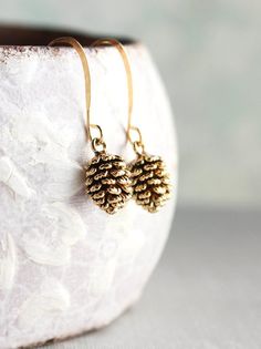 Rustic Gold Pinecone Earrings, Pine Cone earrings, Nature Jewellery, Woodland Wedding, Gift for Wome Pine Cone Earrings, Pinecone Earrings, Horn Pendant Necklace, Small Drop Earrings, Handmade Holiday Gifts, Earrings Nature, Horn Pendant, Moon Pendant Necklace, Swarovski Necklace