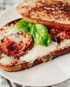 a close up of a sandwich on a plate with cheese and tomato slices in it