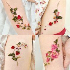 three different tattoos with flowers and leaves on the legs, one is red and the other has pink roses