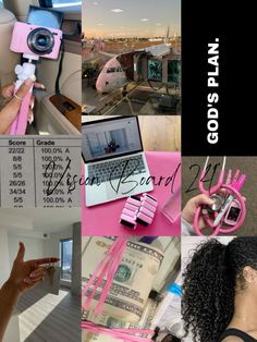 a collage of photos with pink and black items on them, including a laptop