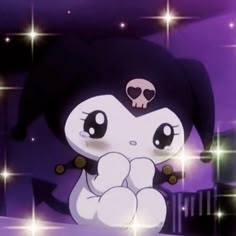 a cartoon character sitting on top of a purple floor with stars in the sky behind her