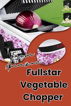 an advertisement for a vegetable chopper with onions and other vegetables in the bottom right hand corner