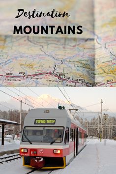 a train traveling down tracks next to a snow covered mountain with the words destination mountains on it