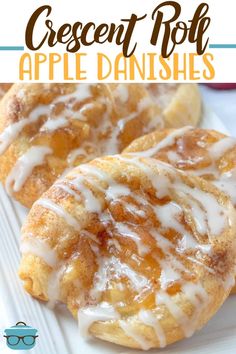 two cinnamon roll apple danishes on a white plate with the title in the middle