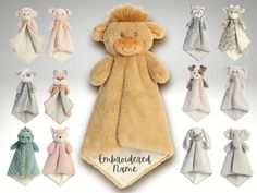 the stuffed animals are all in different colors and sizes, including one brown teddy bear