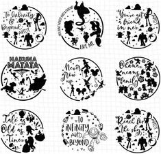 the silhouettes of disney characters are shown in black and white, with different phrases