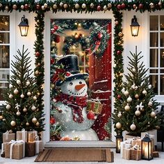 a snowman is standing in front of a door decorated with christmas trees and presents