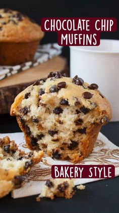 chocolate chip muffins with text overlay