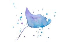 a watercolor painting of a blue and purple flower on a white background with dots