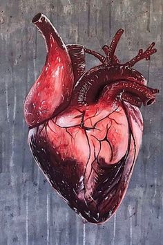 a painting of a human heart on a gray background with water drops coming out of it