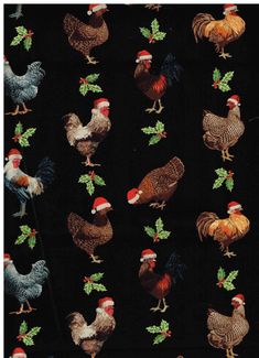 chickens, roosters and holly leaves on black cotton fabric by the yard or yard