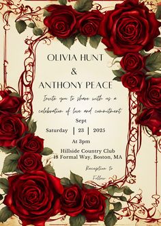 a wedding card with red roses on the front and bottom, in an ornate frame