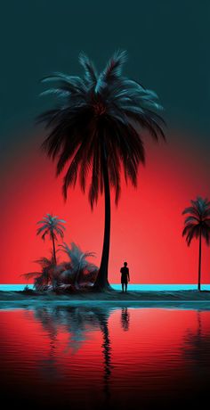 a man standing in front of a palm tree on the beach at sunset with red sky